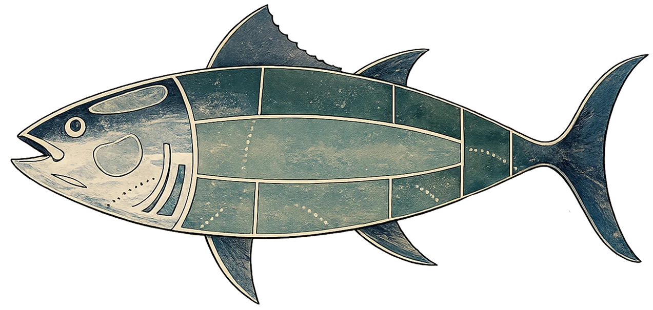 Diagram części tuńczyka: hoho, toumi, chutoro, akami, kama, kama-toro, o-toro, o-toro + chutoro